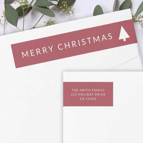 Christmas Tree Minimalist Burgundy Return Address Wrap Around Label