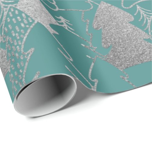 Christmas Tree Mint Teal Silver Gray Glitter Wood Wrapping Paper