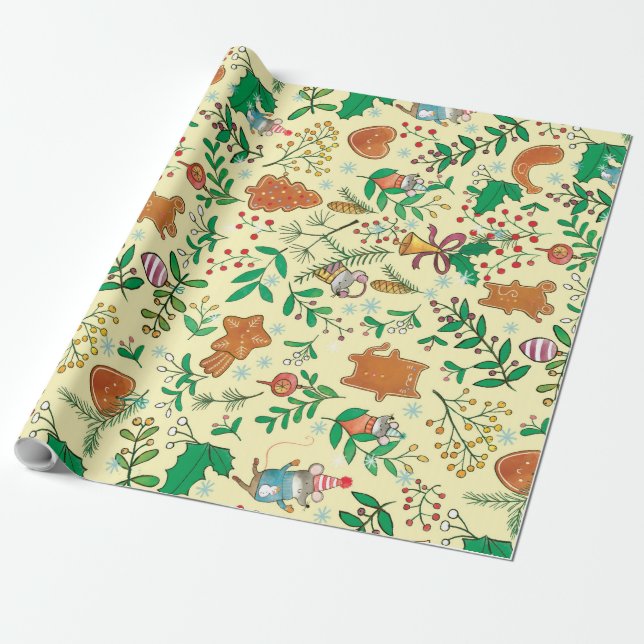 Christmas Tree, Mistletoe and Mice Wrapping Paper (Unrolled)