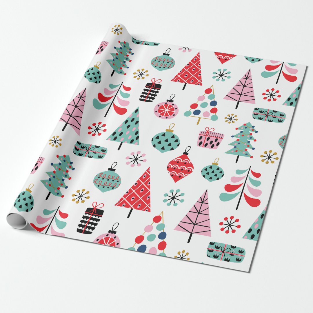 Christmas tree. Modern blue, red and pink pattern Wrapping Paper | Zazzle