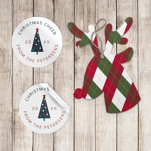 Christmas tree modern family name red and navy classic round sticker
