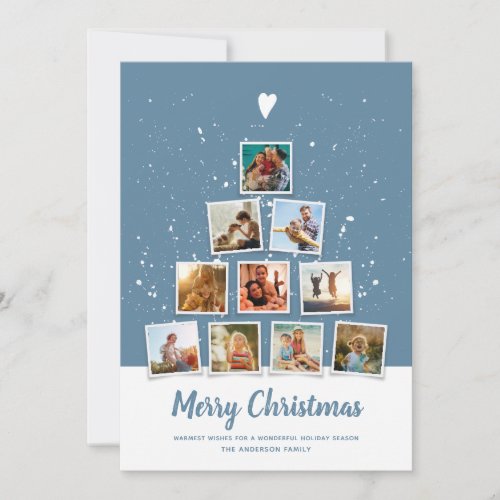 Christmas Tree Modern Family Photo Collage Blue Holiday Card