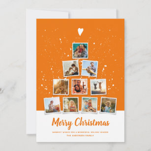 Christmas Tree Modern Family Photo Collage Orange Holiday Card