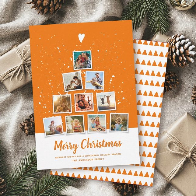 Christmas Tree Modern Family Photo Collage Orange Holiday Card (Creator Uploaded)