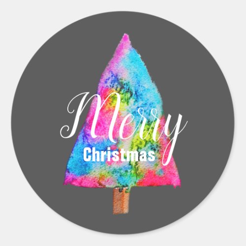 Christmas tree modern funky colors blue and pink classic round sticker