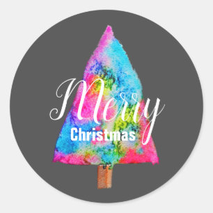 Christmas tree modern funky colors blue and pink classic round sticker