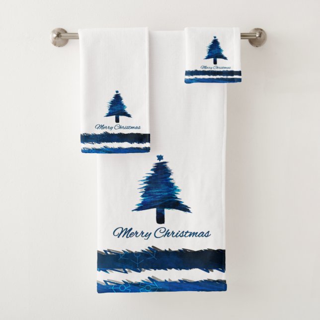 Christmas Tree Modern Holiday Pattern Blue Bath Towel Set (Insitu)