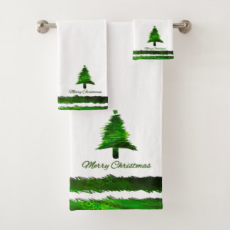 Christmas Tree Modern Holiday Pattern Green Bath Towel Set