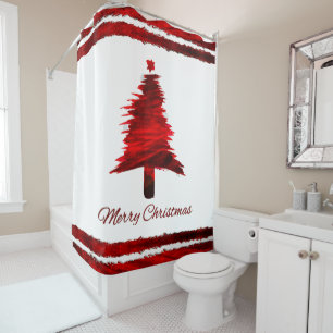 Christmas Tree Modern Holiday Pattern Red Shower Curtain