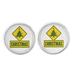 Christmas Tree Modern Holiday Road Warning Sign Cufflinks