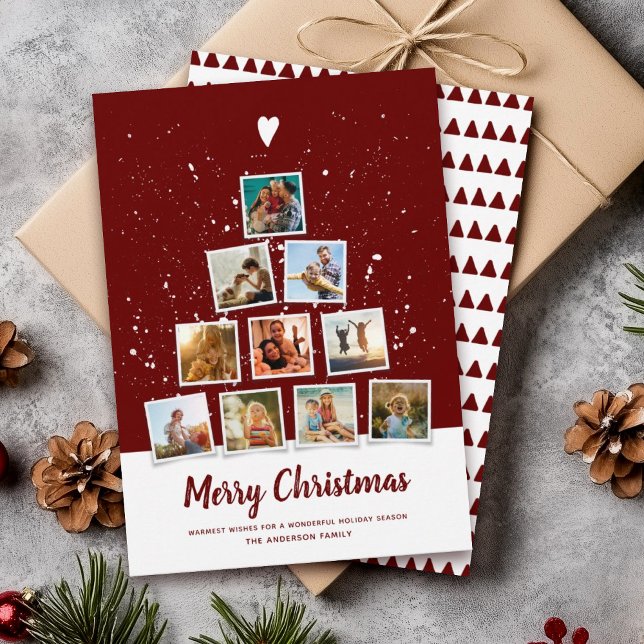 Christmas Tree Modern Instagram Photo Collage Red Holiday Card (Creator Uploaded)