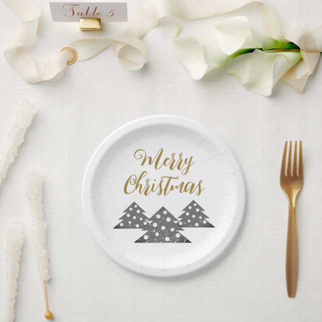 Christmas Tree Modern Minimalist Family Holiday  Paper Plates (Wedding)