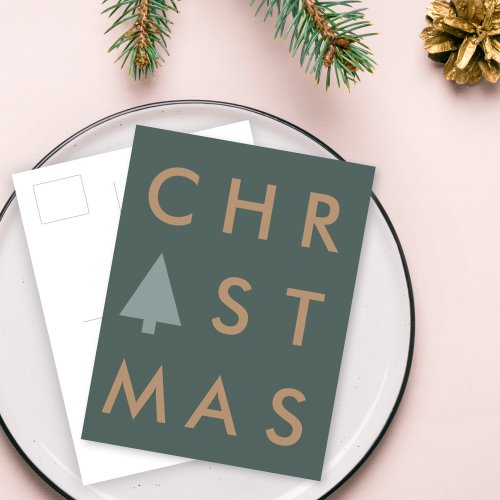 Christmas Tree  Modern Minimalist Gold and Green Postcard