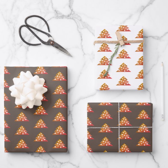Christmas Tree Modern Orange Brown Pattern Wrapping Paper Sheets (Front)