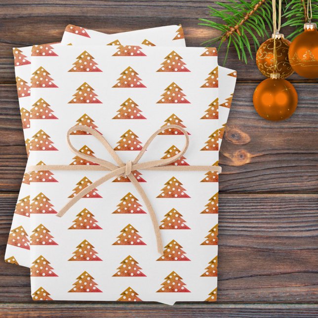 Christmas Tree Modern Orange Red Holiday Pattern Wrapping Paper Sheets (Creator Uploaded)