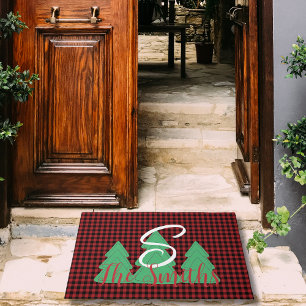 Christmas Tree Monogram Red Black Buffalo Plaid   Doormat