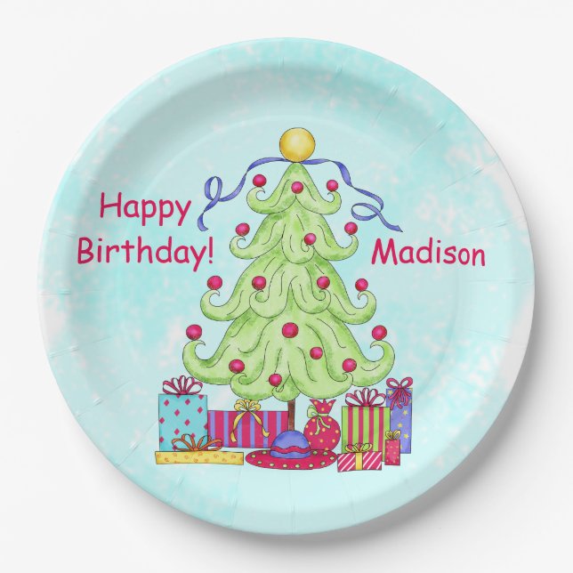 Christmas Tree Name Personalized Happy Birthday Paper Plates (Front)