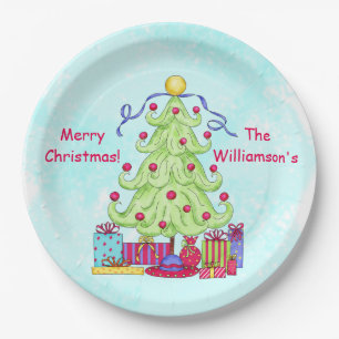 Christmas Tree Name Personalized Turquoise Party Paper Plates