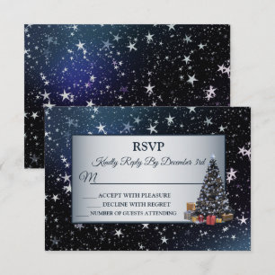 Christmas Tree Navy Blue Shiny Stars Holidays RSVP Card
