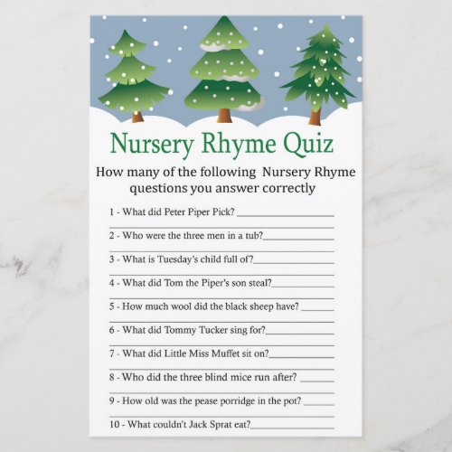 Christmas tree Nursery Rhyme Quiz baby shower game