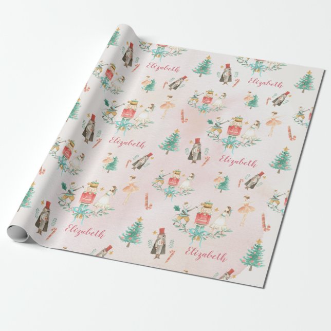 Christmas Tree Nutcracker Girl Personalized Kids Wrapping Paper (Unrolled)