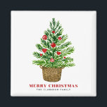 Christmas Tree on a Wicker Basket Custom Christmas Magnet<br><div class="desc">Merry Christmas | Send your Christmas greetings to family and friends with this customizable Christmas magnet. It features a watercolor Christmas tree with festive red ornaments. Personalize by adding your own details. This cute Christmas magnet is available on other products. Matching items are available.</div>
