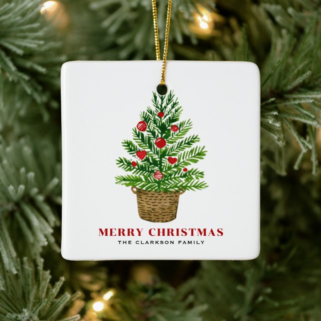 Christmas Tree on a Wicker Basket Merry Christmas Ceramic Ornament (Tree)
