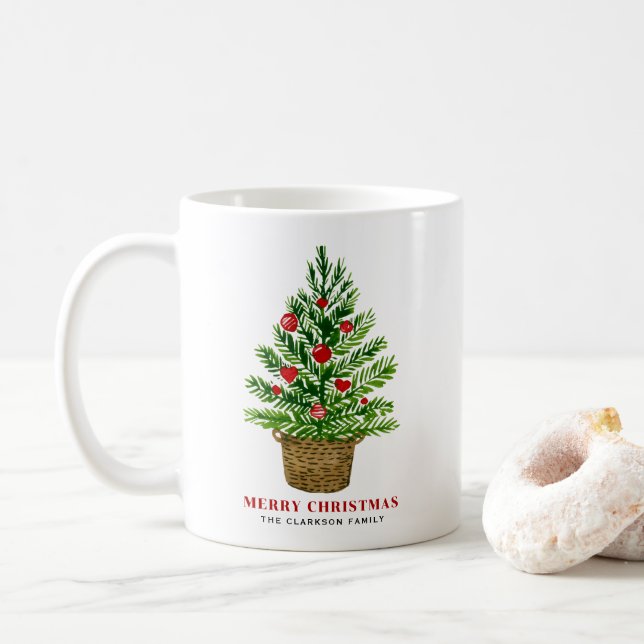 Christmas Tree on a Wicker Basket Merry Christmas Coffee Mug (With Donut)