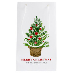 Christmas Tree on a Wicker Basket Merry Christmas Small Gift Bag