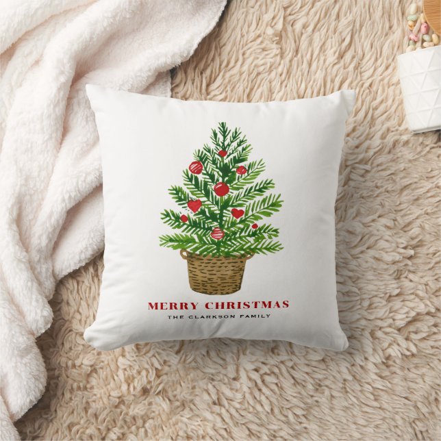 Christmas Tree on a Wicker Basket Merry Christmas Throw Pillow (Blanket)