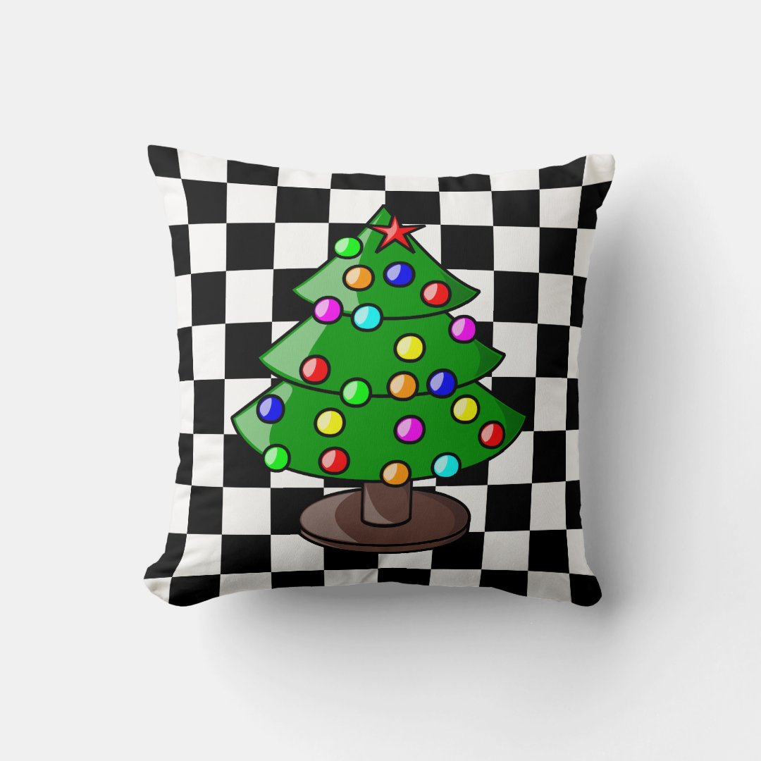 Christmas Tree on Black and White Checkered Backgr Throw Pillow Zazzle