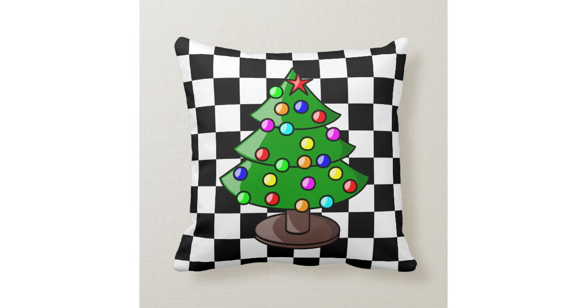 Christmas Tree on Black and White Checkered Backgr Throw Pillow