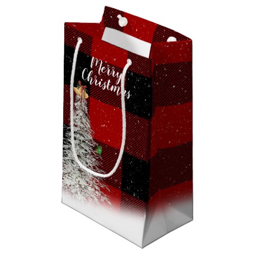 Christmas tree on buffalo plaid small gift bag