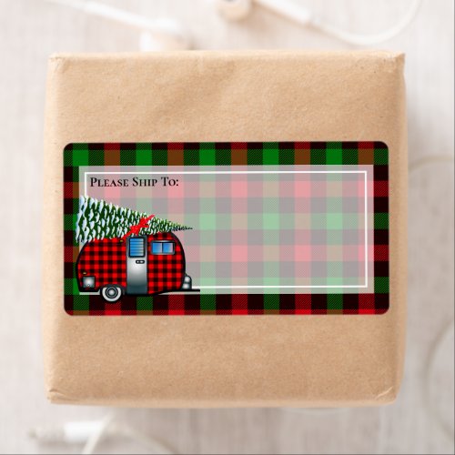 Christmas Tree On Camper Red Green Buffalo Plaid Label