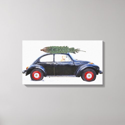Christmas tree on car with retriever canvas print