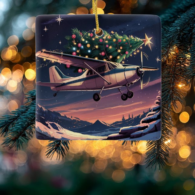Christmas Tree on Cessna Airplane Photo Funny Ceramic Ornament (Creator Uploaded)