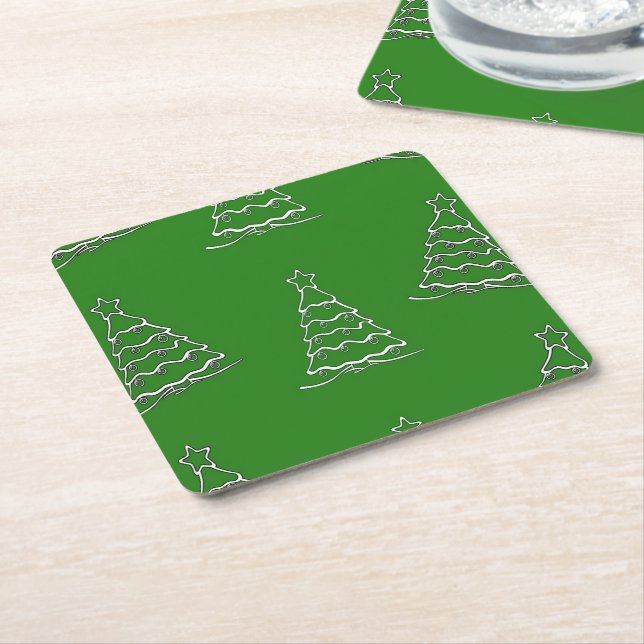 Christmas tree on green square paper coaster (Angled)