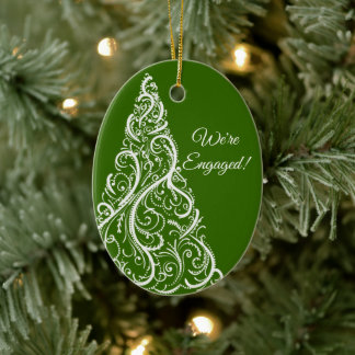 Christmas Tree on Green Winter Engagement Ceramic Ornament