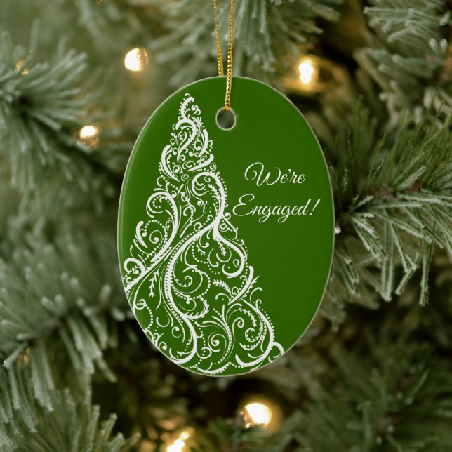Christmas Tree on Green Winter Engagement Ceramic Ornament (Tree)