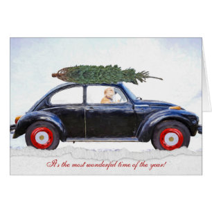 Christmas tree on old car with dog cards