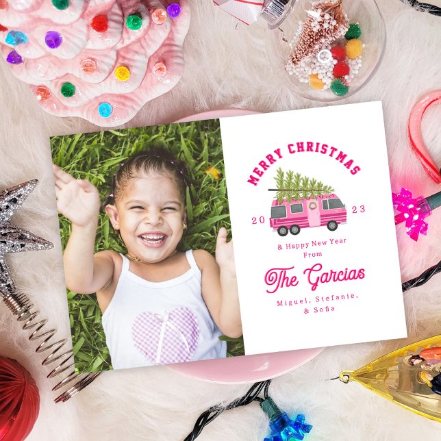 Christmas Tree on Pink RV Photo Holiday Card (Creator Uploaded)