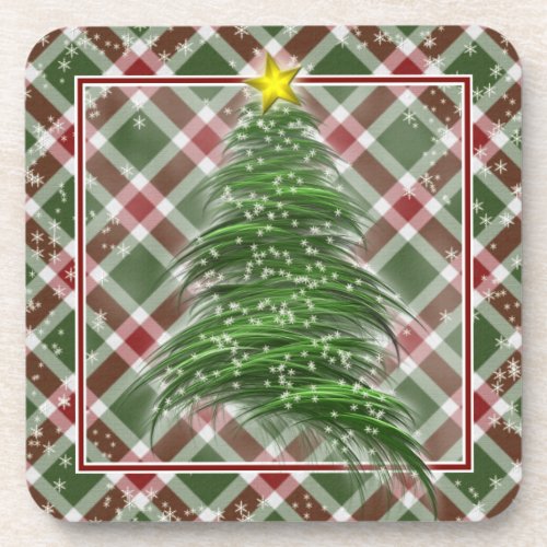 Christmas Tree on Plaid Beverage Coaster