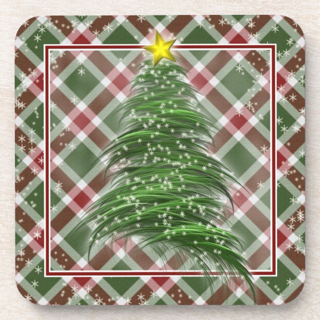 Christmas Tree on Plaid Beverage Coaster (Front)