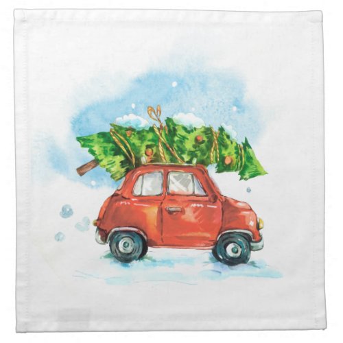 Christmas Tree on red car iconic retro cocktail Cloth Napkin