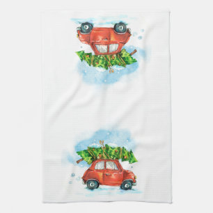 Christmas Tree on red car iconic retro dish Kitche Kitchen Towel