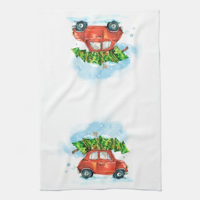 Christmas Tree on red car iconic retro dish Kitche Kitchen Towel (Vertical)