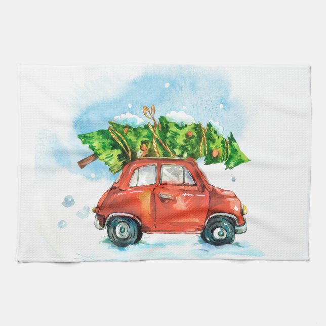 Christmas Tree on red car iconic retro dish Kitchen Towel (Horizontal)