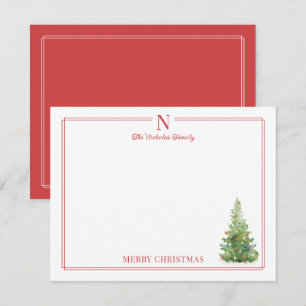 Christmas Tree on Red Family Monogram Stationery Note Card