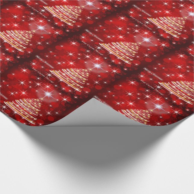 Christmas Tree on Red Personalized Wrapping Paper (Corner)