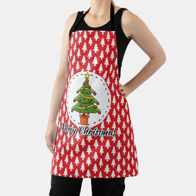Christmas Tree on Red Pines Pattern - Merry Xmas Apron (Insitu)